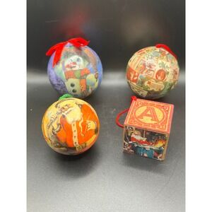 Vintage Christmas Ornaments Set Of‎ 4 Paper Mache Balls Santa Snowman Block